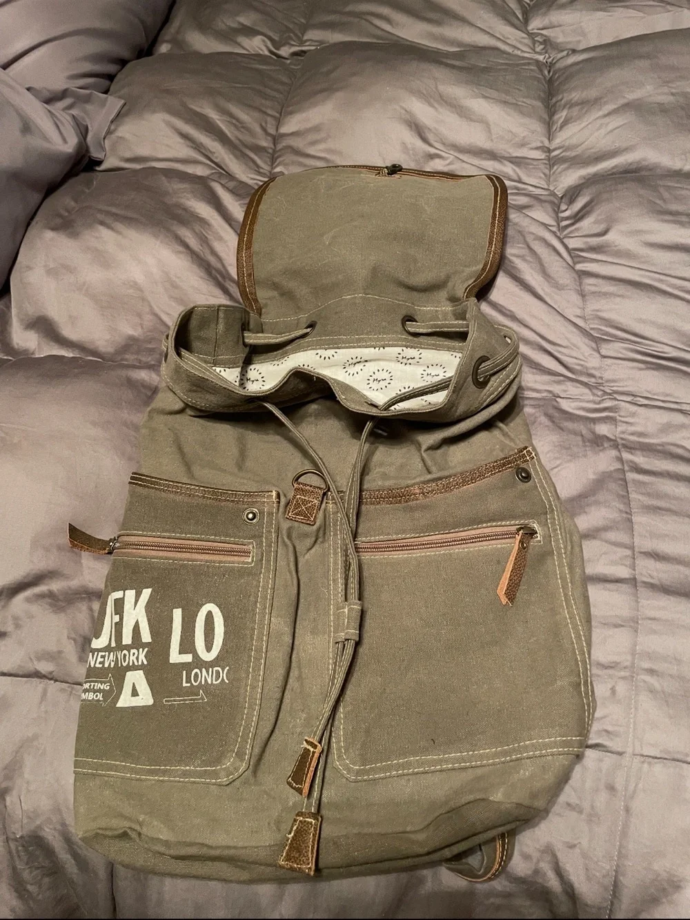 Canvas Flap Backpack in Olive Green with White Print